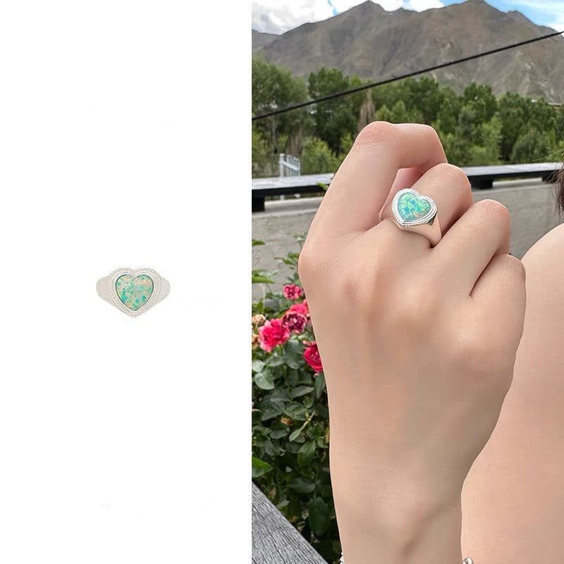 Opal Love Ring Heart Open Ring Retro Jewelry